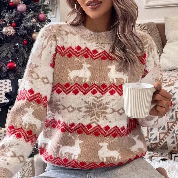 Sweaters - Multicolor Casual Women's Christmas Pattern Drop Shoulder Sweater